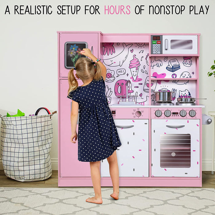 Kitchen Set for Kids, Pretend Wooden Kitchen Playset, Realistic Sound, Pots & Pan