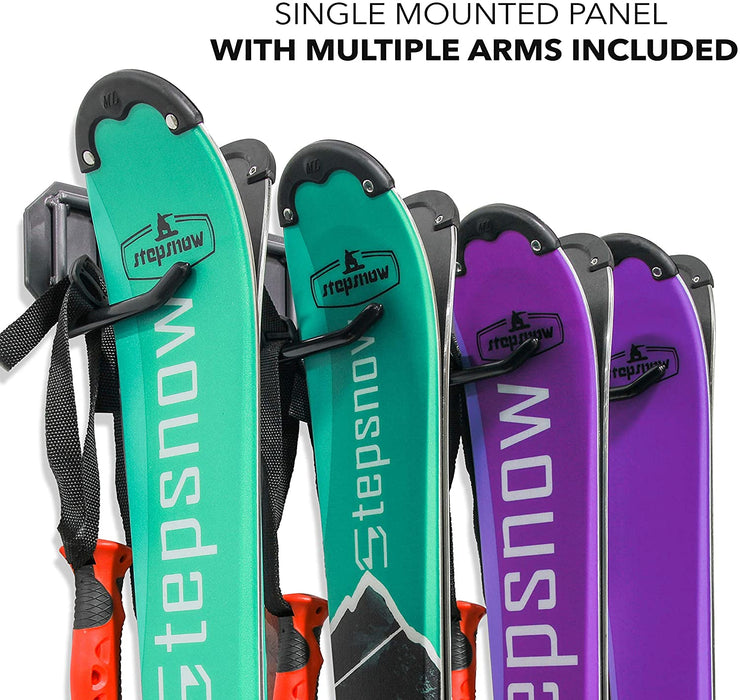 Ski Wall Rack, Holds 4 Pairs of Skis & Skiing Poles or Snowboard for Home and Garage Storage