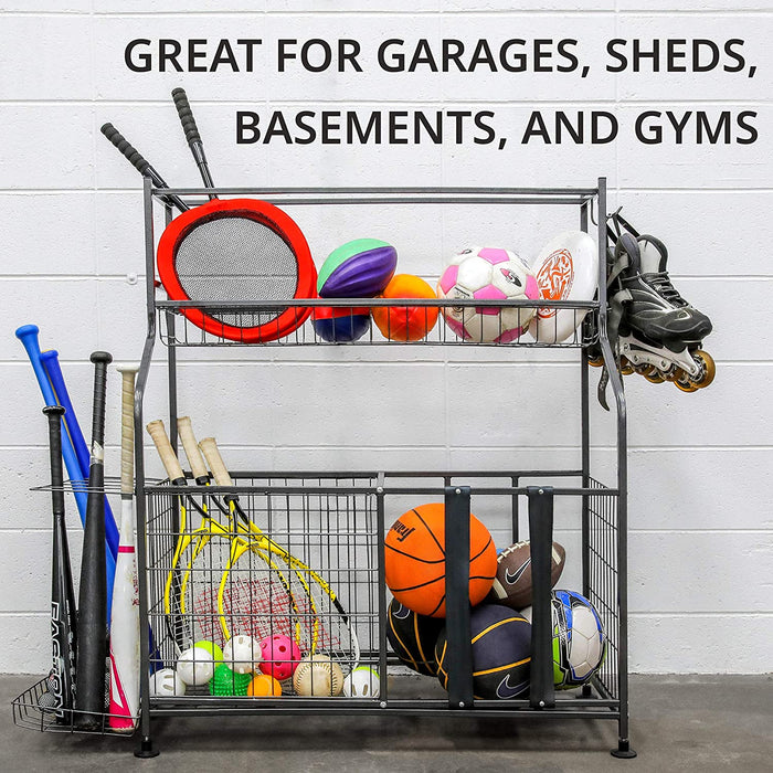 Garage Sports Organizer, Ball Storage Rack, Equipment Storage System for Balls, Bats, Rackets, Helmets, Toy's & Other Sports Gear, Heavy-Duty Steel, Hanging Hooks & Adjustable Support Feet