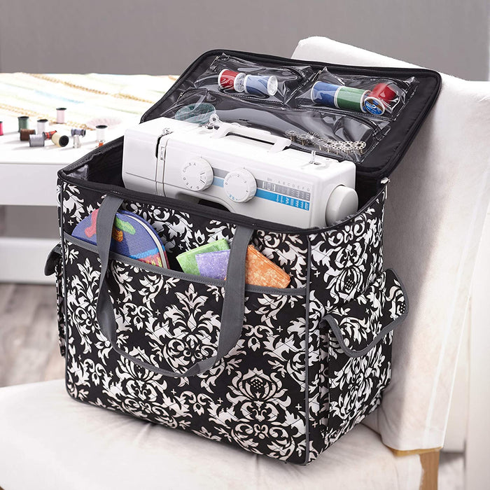 Rolling Sewing Machine Tote with 6 Storage Pockets - Damask,LARGE