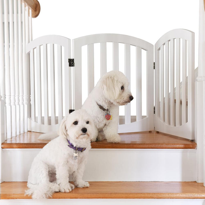 Free Standing Wood Retractable Dog Gate With Walk Through House Door For Pet And Baby