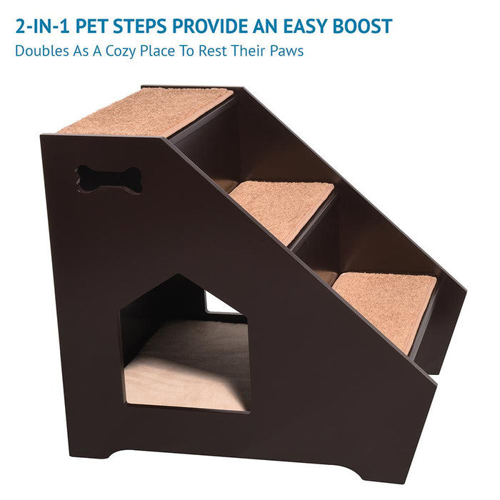 Cat Step House Wooden Pet Stairs 3 Nonslip Steps, Built-in House For Dogs And Cats Arf Pets