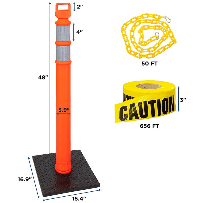 Delineator Kit | 2 Pack of 48” Orange Post w/3” Reflective Collars & 10LB Weighted Base | Includes 1x 50Ft Chain Rope, 2-Carabiners & 656-Ft Caution Tape | UV & Impact Resistant | Traffic & More