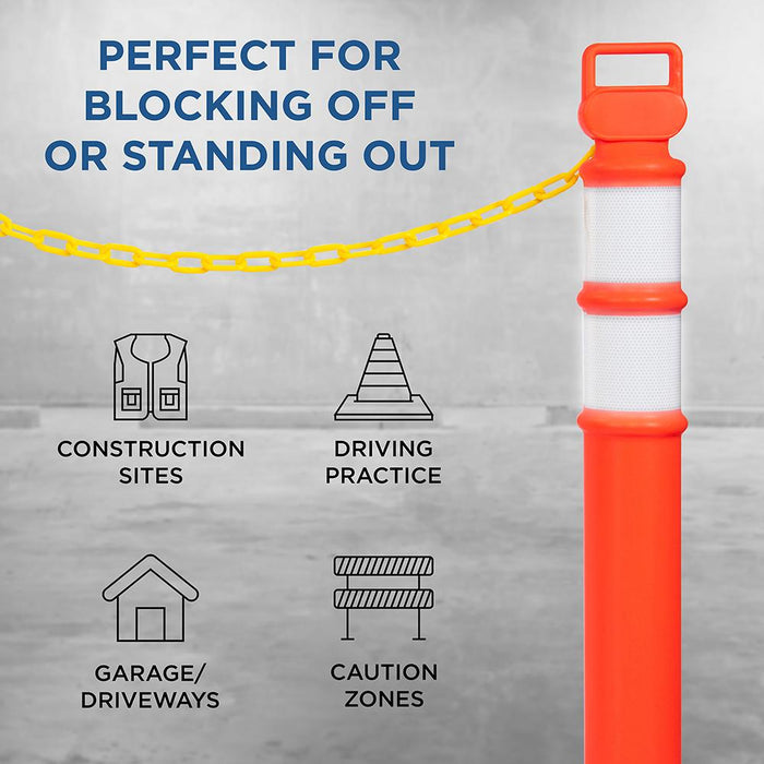 Delineator Kit | 4 Pack of 48” Orange Post w/3” Reflective Collars & 10LB Weighted Base | Includes 3x 50Ft Chain Rope, 4-Carabiners & 656-Ft Caution Tape | UV & Impact Resistant | Traffic & More