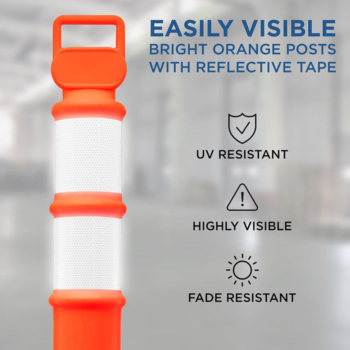 Delineator Kit | 2 Pack of 48” Orange Post w/3” Reflective Collars & 10LB Weighted Base | Includes 1x 50Ft Chain Rope, 2-Carabiners & 656-Ft Caution Tape | UV & Impact Resistant | Traffic & More