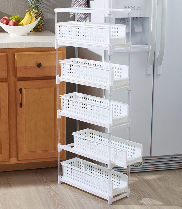 Slim Kitchen Storage with Five Slide-Out Drawers for Pantries, Gaps, Bathrooms