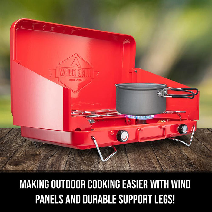 2 Propane Burner Camping Stove, Portable Stove W/ Integrated Igniter, Handle & Wind Panels, Red
