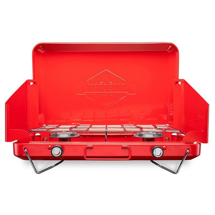 2 Propane Burner Camping Stove, Portable Stove W/ Integrated Igniter, Handle & Wind Panels, Red