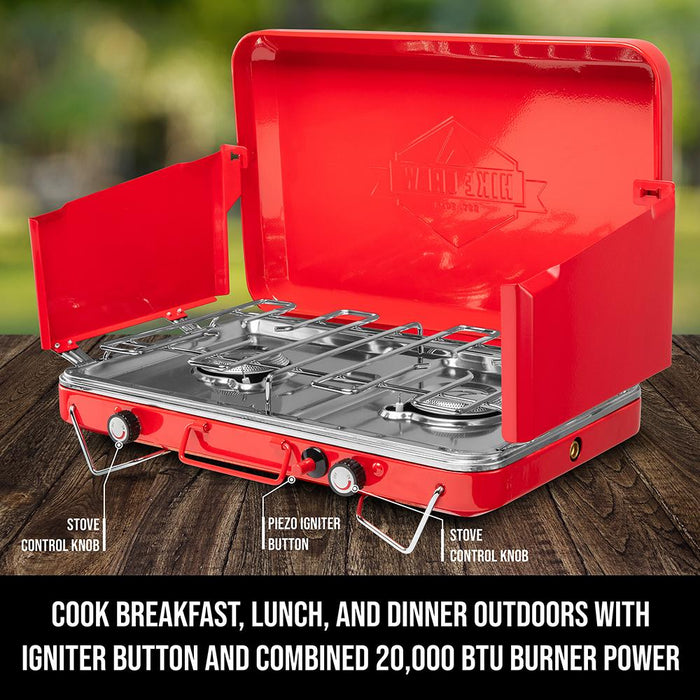 Dual Propane Burner Camping Stove, Portable Stove W/ Integrated Igniter, Handle & Wind Panels, Red
