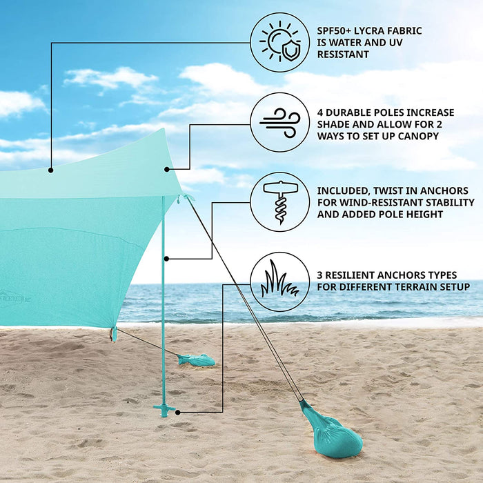 Sun Shade Canopy | Lycra Portable Beach Tent Shelter with UPF 50+ UV Protection, Built-in Sandbags, Carry Bag, 4 Poles & 3 Anchor Sets for Various Terrain | Wind, Water & UV Resistant
