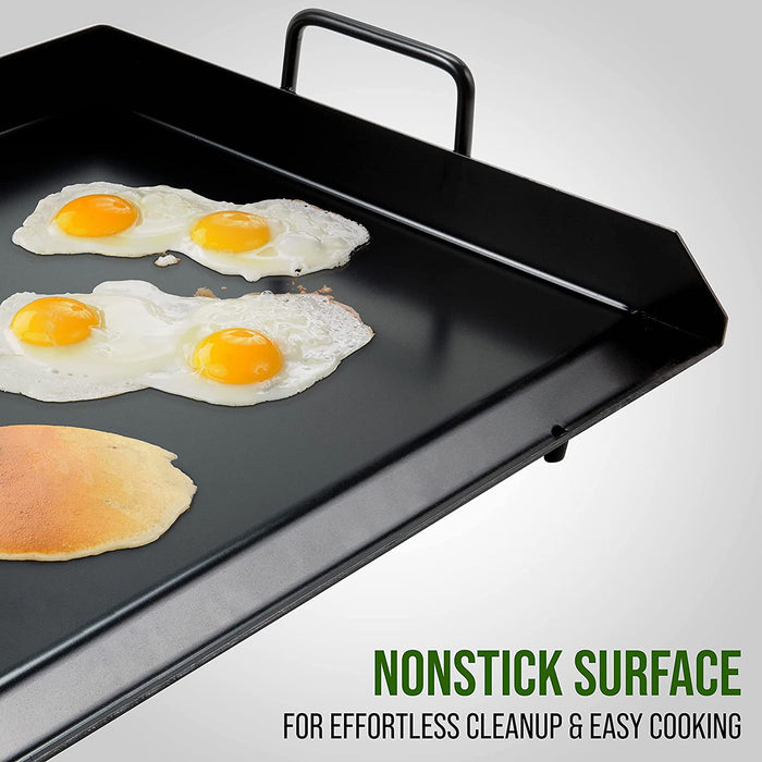 Cast Iron Griddle for Double Burner Outdoor Stove | Pre-seasoned Camping Skillet Pan w/ Easy-Clean Surface, Oil Reservoir & Grease Cup, Raised Edges, Built-In Handles & Carry Bag | 31” x 17”
