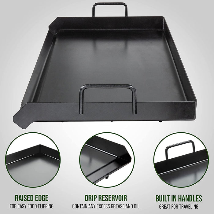 Cast Iron Griddle for Double Burner Outdoor Stove | Pre-seasoned Camping Skillet Pan w/ Easy-Clean Surface, Oil Reservoir & Grease Cup, Raised Edges, Built-In Handles & Carry Bag | 31” x 17”