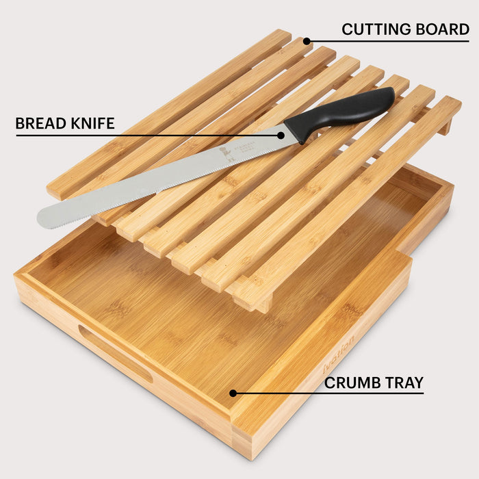 Bread Cutting Board Server with 15” Stainless Steel Bread Knife | Compact Bamboo Wood Slicing Tray & Server, Integrated Knife Slot, Built-In Handles & Crumb Catcher | 15”x11”x1.5”