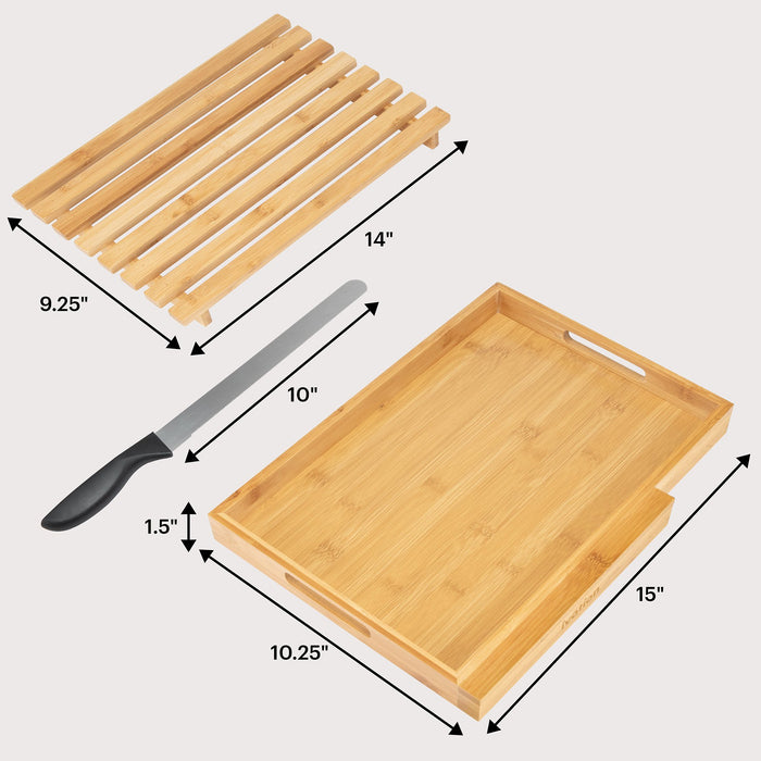 Bread Cutting Board Server with 15” Stainless Steel Bread Knife | Compact Bamboo Wood Slicing Tray & Server, Integrated Knife Slot, Built-In Handles & Crumb Catcher | 15”x11”x1.5”