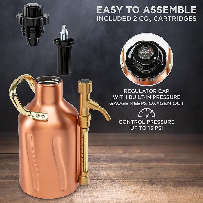 Carbonated Growler, Pressurized Stainless Steel Beer Keg & Dispenser, Double-Walled Insulated, Pressure Control Cap, Tap Pour Spout, [2] CO2 Cartridges, Portable Handle, (64oz.)