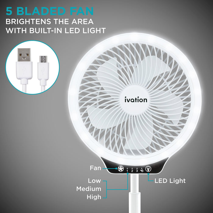 Rechargeable Battery Operated Portable Personal Fan, Compact Folding Desk Fan with LED Light