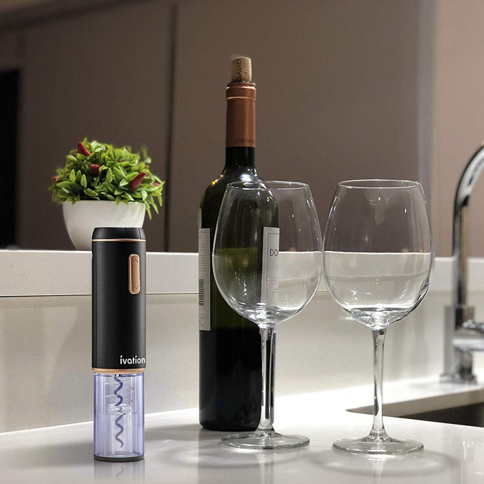 Electronic Wine Opener Gift Set – Cordless Rechargeable Wine Bottle Cork Extractor with Black & Copper Automatic Corkscrew, Hideaway Foil Cutter, Built-in Light & Lithium Battery