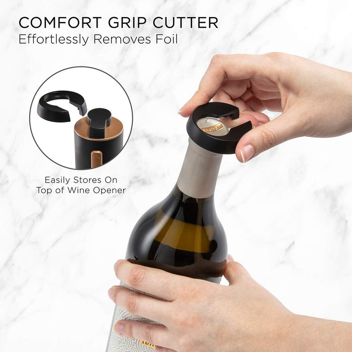 Electronic Wine Opener Gift Set – Cordless Rechargeable Wine Bottle Cork Extractor with Black & Copper Automatic Corkscrew, Hideaway Foil Cutter, Built-in Light & Lithium Battery