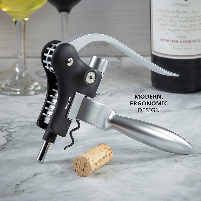 Wine Bottle Opener | Manual Handheld Corkscrew with Ergonomic Lever Pump, Standing Vertical Design, Soft Bottleneck Grip, Nonstick Screw & Easy No-Twist Cork Removal | Stainless Steel & Black
