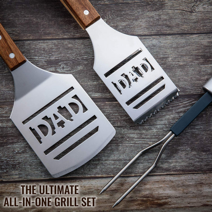 Dad BBQ Tools Gift Set – 4-Piece Grill Accessories Utensils Kit Perfect for Holiday, Birthday or Father’s Day – Includes Tongs, Spatula, Digital Thermometer & Carrying Case (Gift Box)
