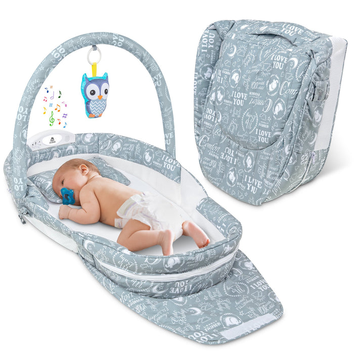 Snuggle Nest Bed, Foldable Baby Travel Bassinet Sleeper, Hanging Toy, Built-in Night Light, Music Player, Pillow, Matters & Carry Handle Included, Comfortable Portable Washable Baby Lounger