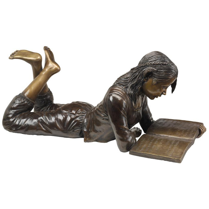YOUNG SCHOLAR READING GIRL BRONZE STATUE