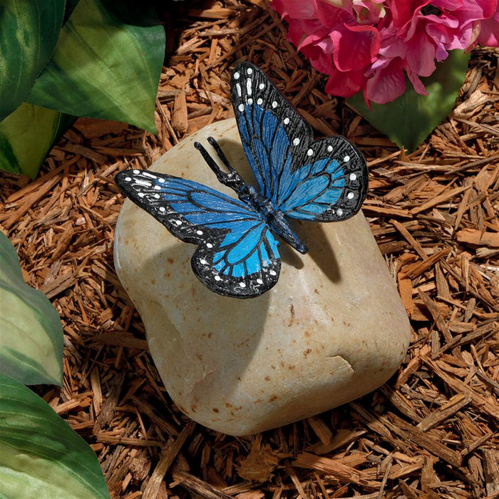 PAPILIO ULYSSES BUTTERFLY ON ROCK STATUE