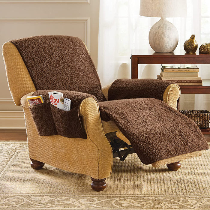 Fleece Recliner Furniture Protector Cover with Pockets, Brown