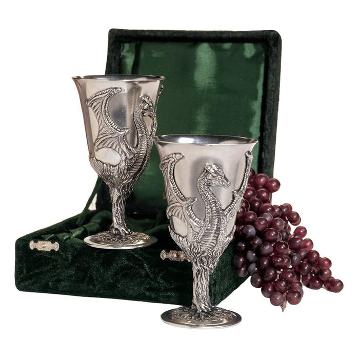 BOXED PAIR OF DRAGON PEWTER GOBLETS