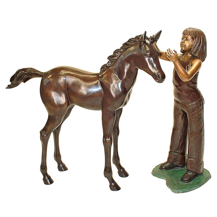 EQUESTRIAN GIRL WITH FOAL STATUE SET