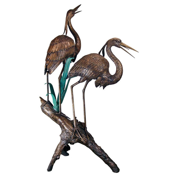 TWO HERONS ON A LOG BRONZE STATUE