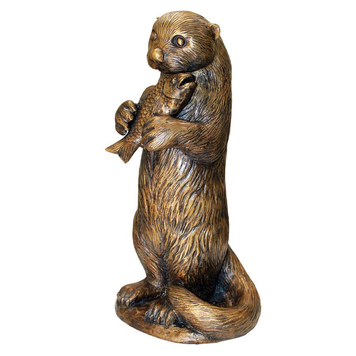 STANDING OTTER WITH FISH BRONZE STATUE