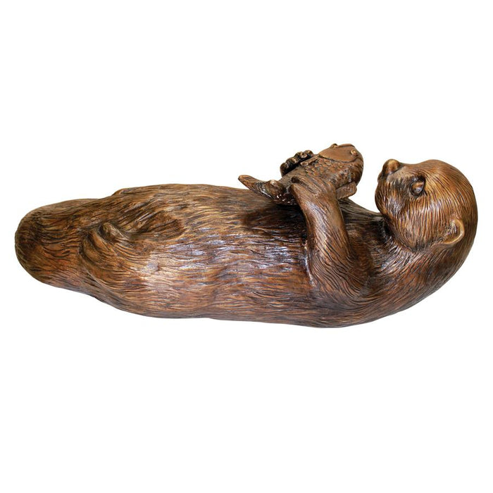 LAZY OTTER WITH FISH BRONZE STATUE
