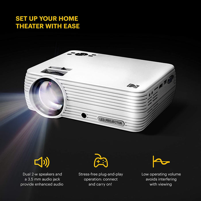 Home Projector (Max 1080p HD) with Tripod, & Case Included | Compact, Projects Up to 150” with 720p Native Resolution & 30,000 Hour, Lumen LED Lamp| AV, VGA, HDMI & USB Compatible