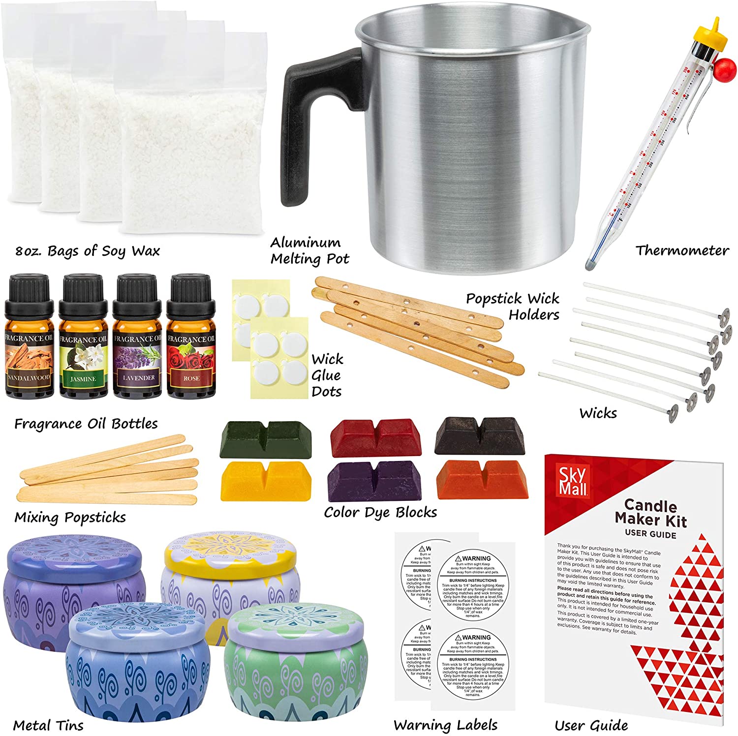 SkyMall Candle Making Kit, DIY Set for Making Candles with Melting Pot, 4  Large Metal Tins, [4] 8oz Soy Wax Bags, 6 Color Dye Blocks, 4 Fragrance