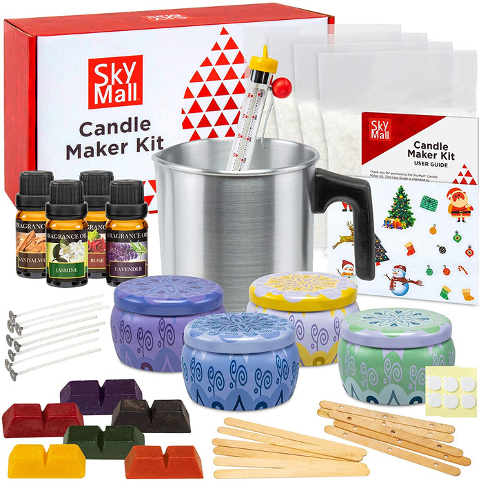 SkyMall Candle Making Kit, DIY Set for Making Candles with Melting Pot, 4 Large Metal Tins, [4] 8oz Soy Wax Bags, 6 Color Dye Blocks, 4 Fragrance Oils, Wicks, Thermometer, Bonus Holiday Stickers
