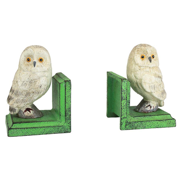 WISE SNOWY OWL CAST IRON BOOKEND SET